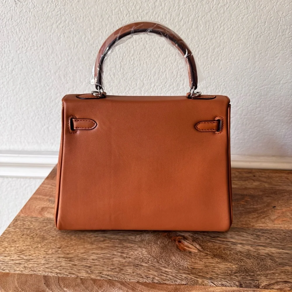 LEATHER INSIDE & OUT | Tan Orange 25 KL Belted Satchel Bag Dual Wide Strap B4 - Picture 5 of 13
